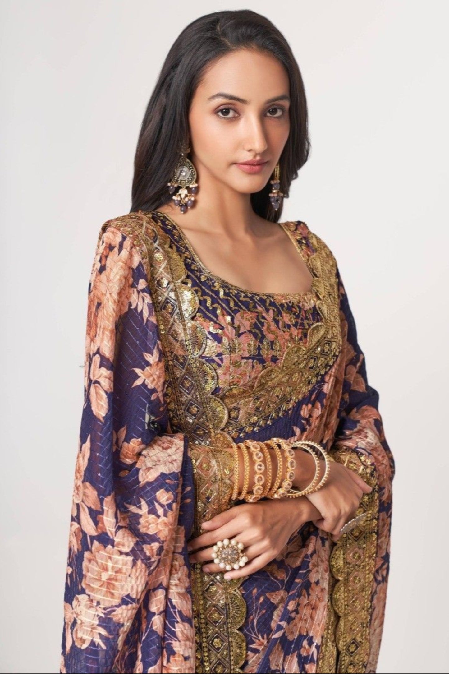 Bollywood Style Blue Digital Floral Printed Designer Saree With Blouse