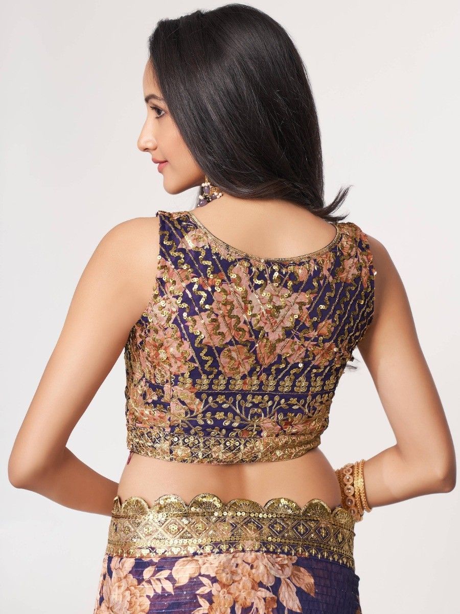 Bollywood Style Blue Digital Floral Printed Designer Saree With Blouse