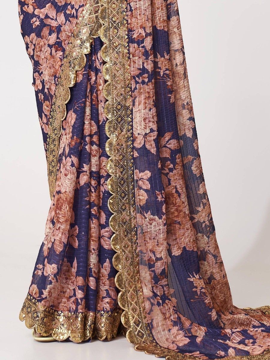 Bollywood Style Blue Digital Floral Printed Designer Saree With Blouse