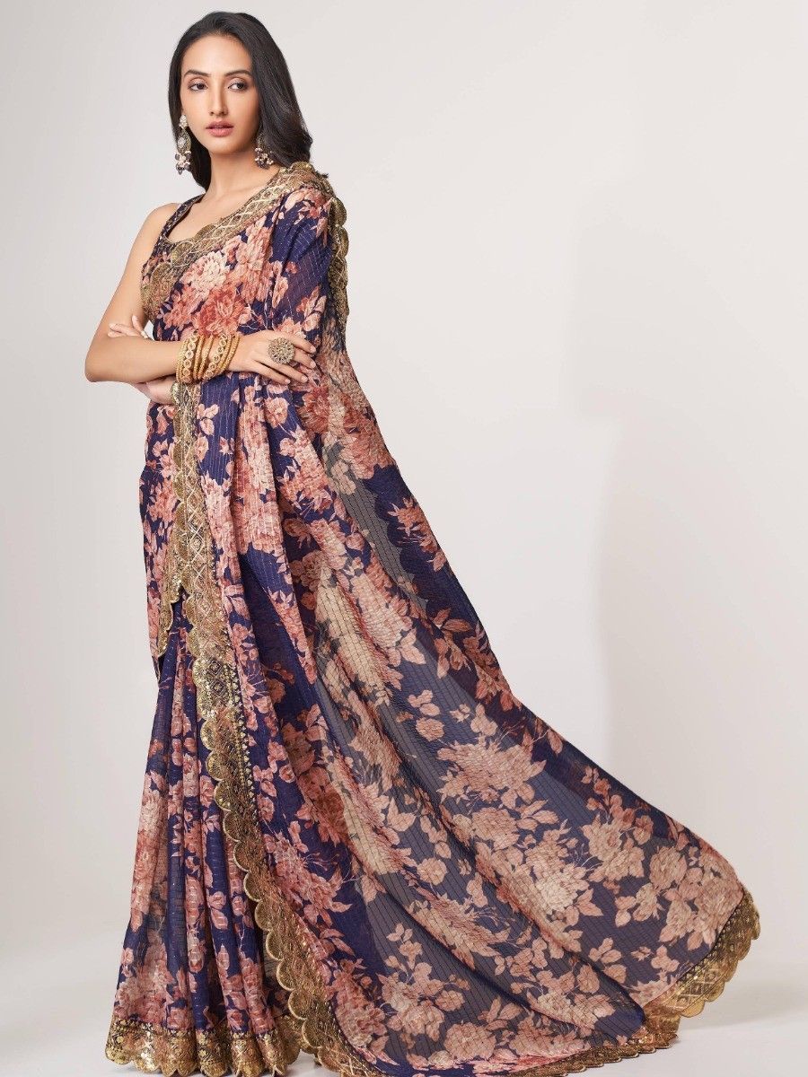 Bollywood Style Blue Digital Floral Printed Designer Saree With Blouse