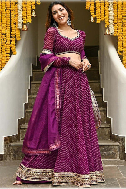 Amazing Designer Purple Color Leheriya Print Work Lehenga Choli With Dupatta