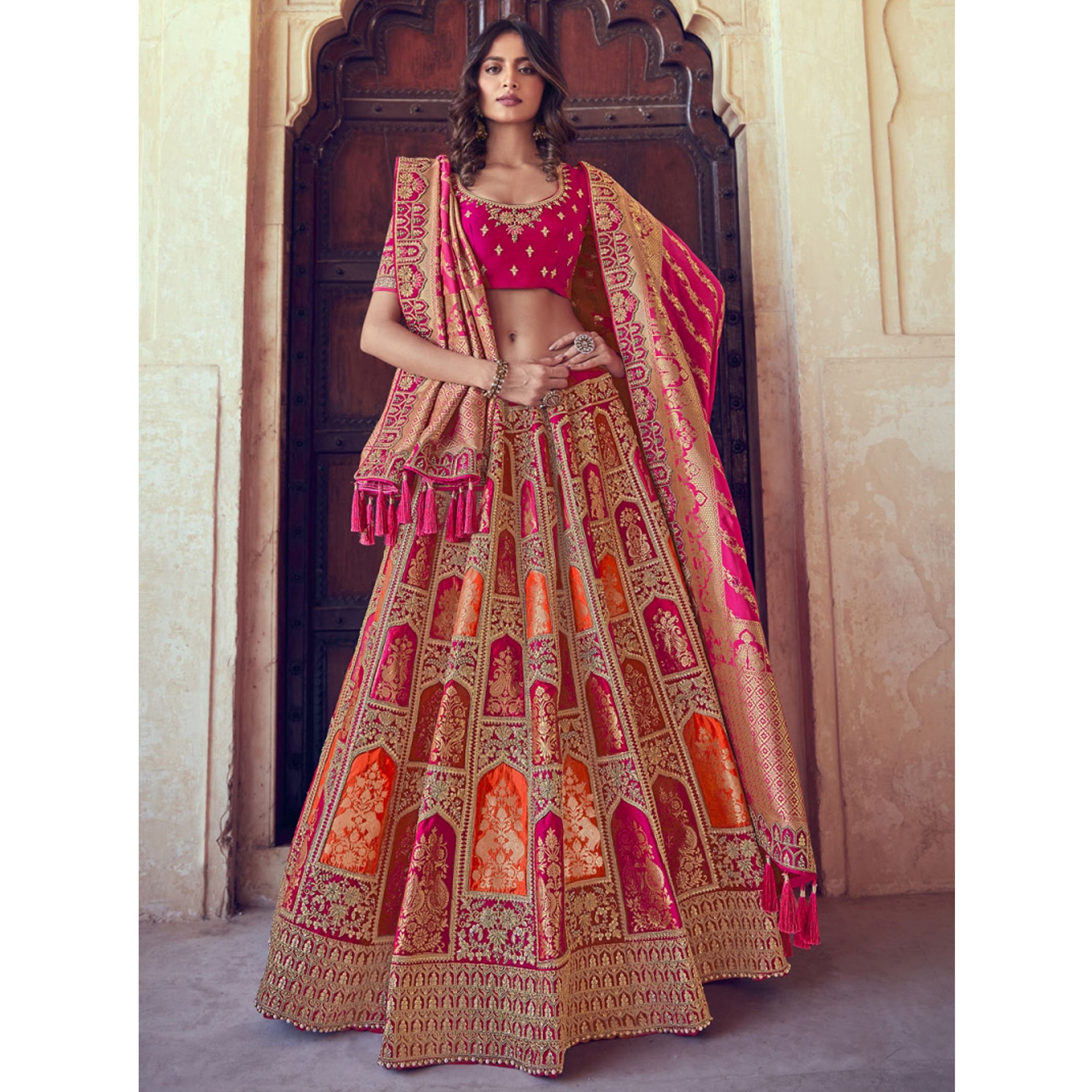 Multi Color Ready To Wear Banarasi Silk Wedding Wear Lehenga Choli