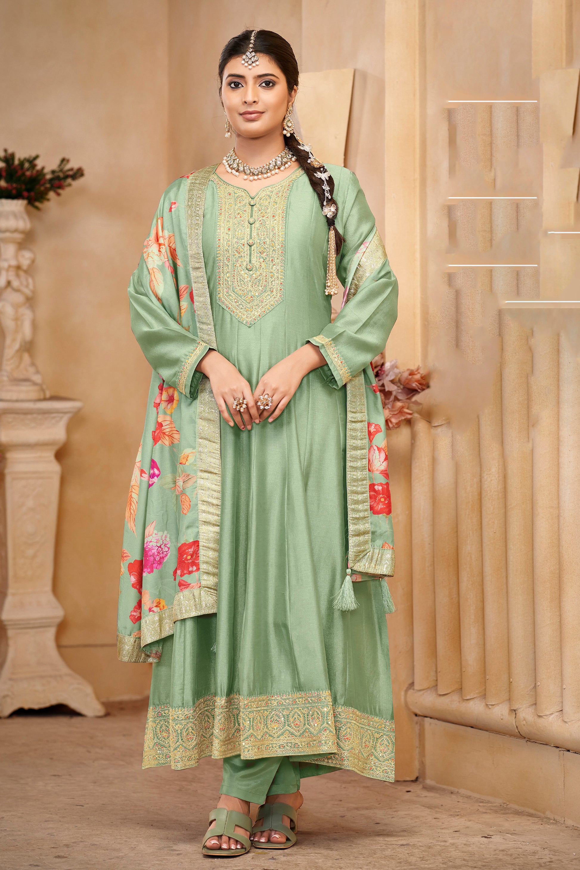 Traditional Embroidery Worked Anarkali Gown Dress in Pistachio Green / Pistachio Green / Unstitch Traditional Embroidery Worked Anarkali Gown Dress in Pistachio Green / Pistachio Green / Unstitch