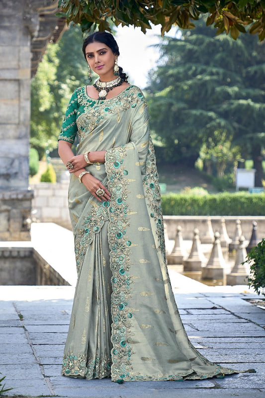 Grey Color Embroidery Work Party Style Work Saree With Stylish Blouse