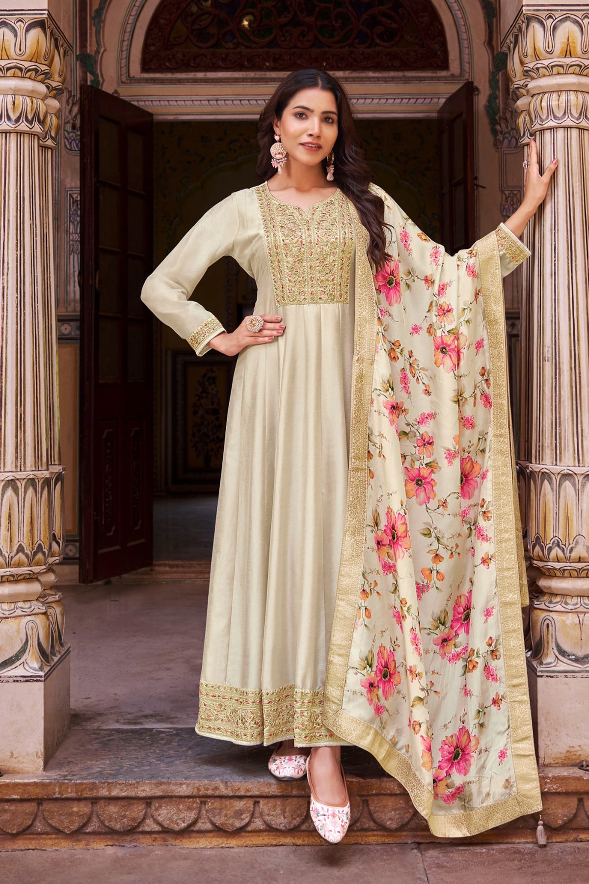 White plus size Indian wedding Anarkali gown with floral dupatta