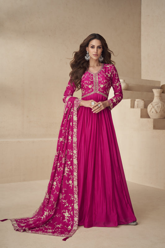 Pink Color Embroidery Work Wedding Wear Anarkali Evening Gowns