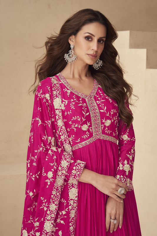 Pink Color Embroidery Work Wedding Wear Anarkali Evening Gowns