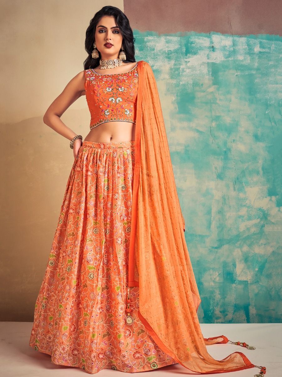 Indian Bollywood Style Orange Color Sequins Work Georgette Lehenga Choli