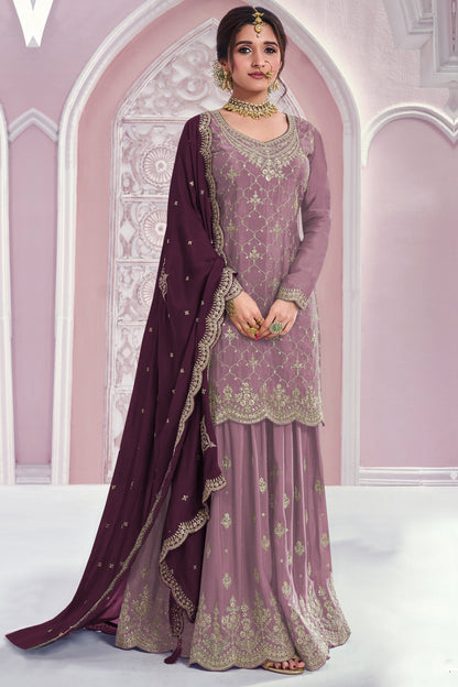 Baby pink designer plazzo suit front view with embroidery