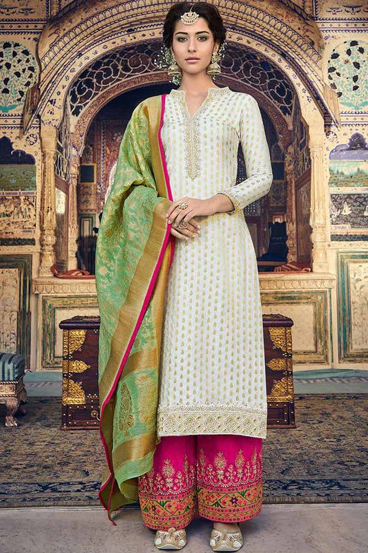 Attractive Designer Banarasi With Jacquard Work Salwar Kameez Plazzo Suit