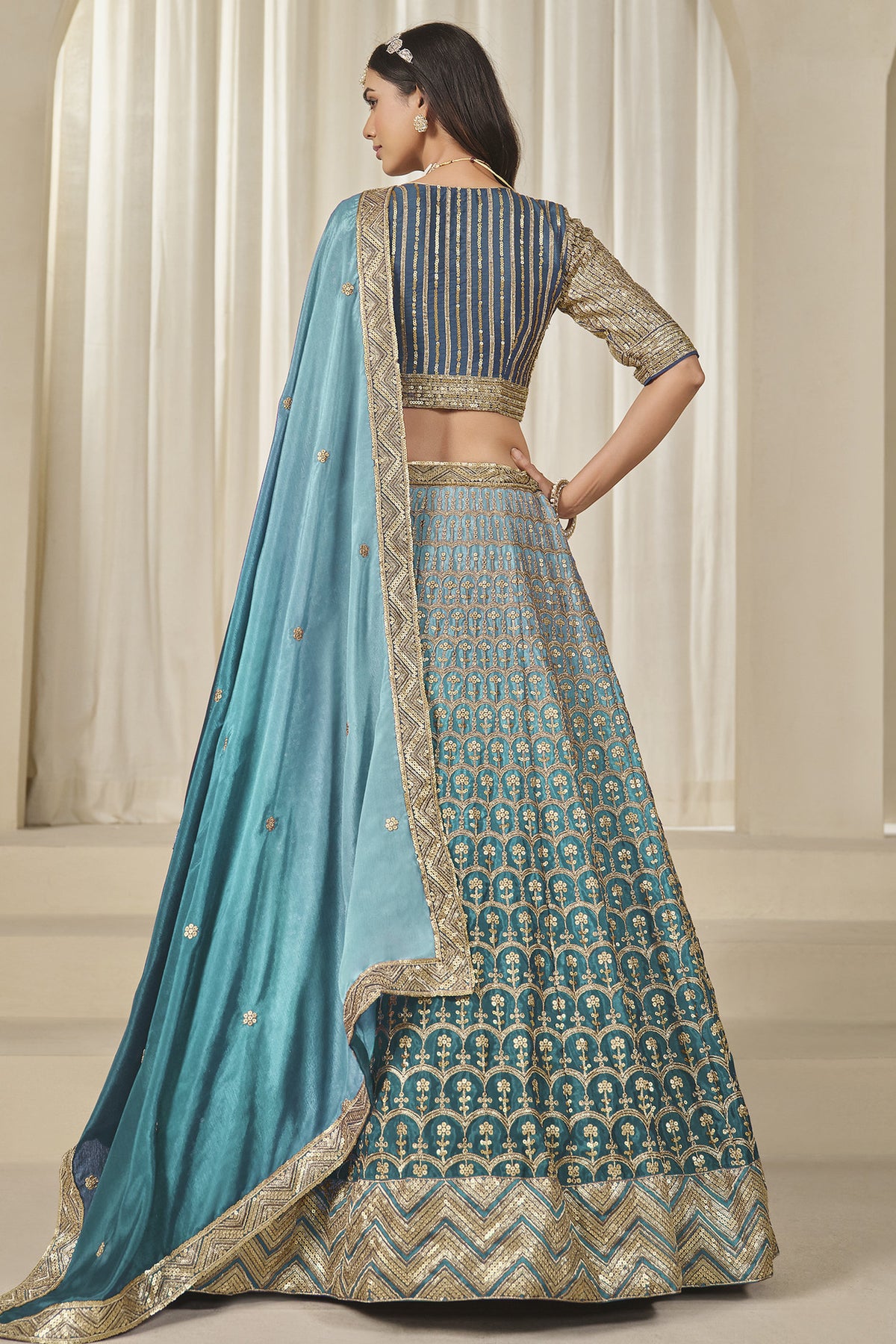 Blue Chinon silk lehenga choli with heavy sequin embroidery