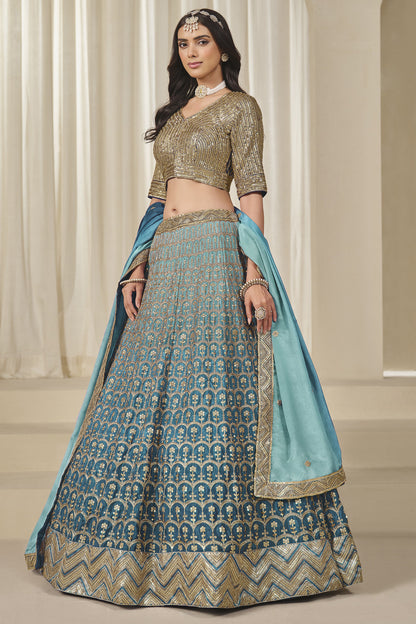Blue Chinon silk lehenga with detailed embroidered skirt border