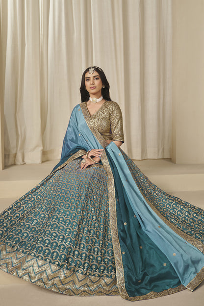 Blue lehenga skirt with all-over embroidery and geometric hem border