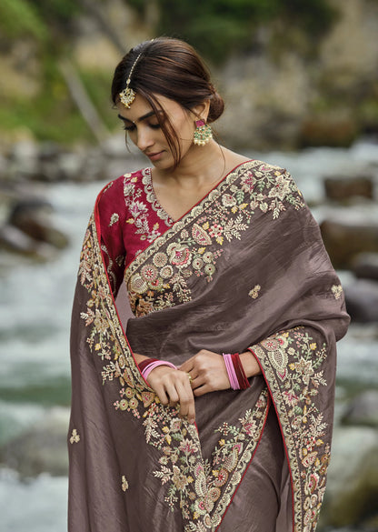 Latest Designer Brown Color Silk Fabric Hand Work Saree With Blouse