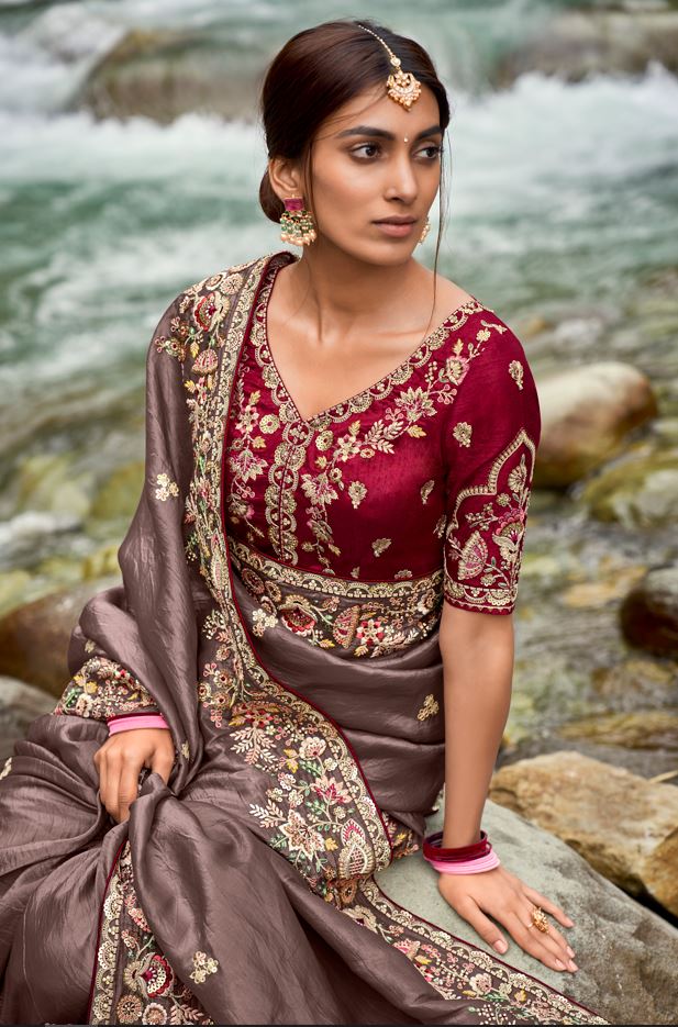 Latest Designer Brown Color Silk Fabric Hand Work Saree With Blouse