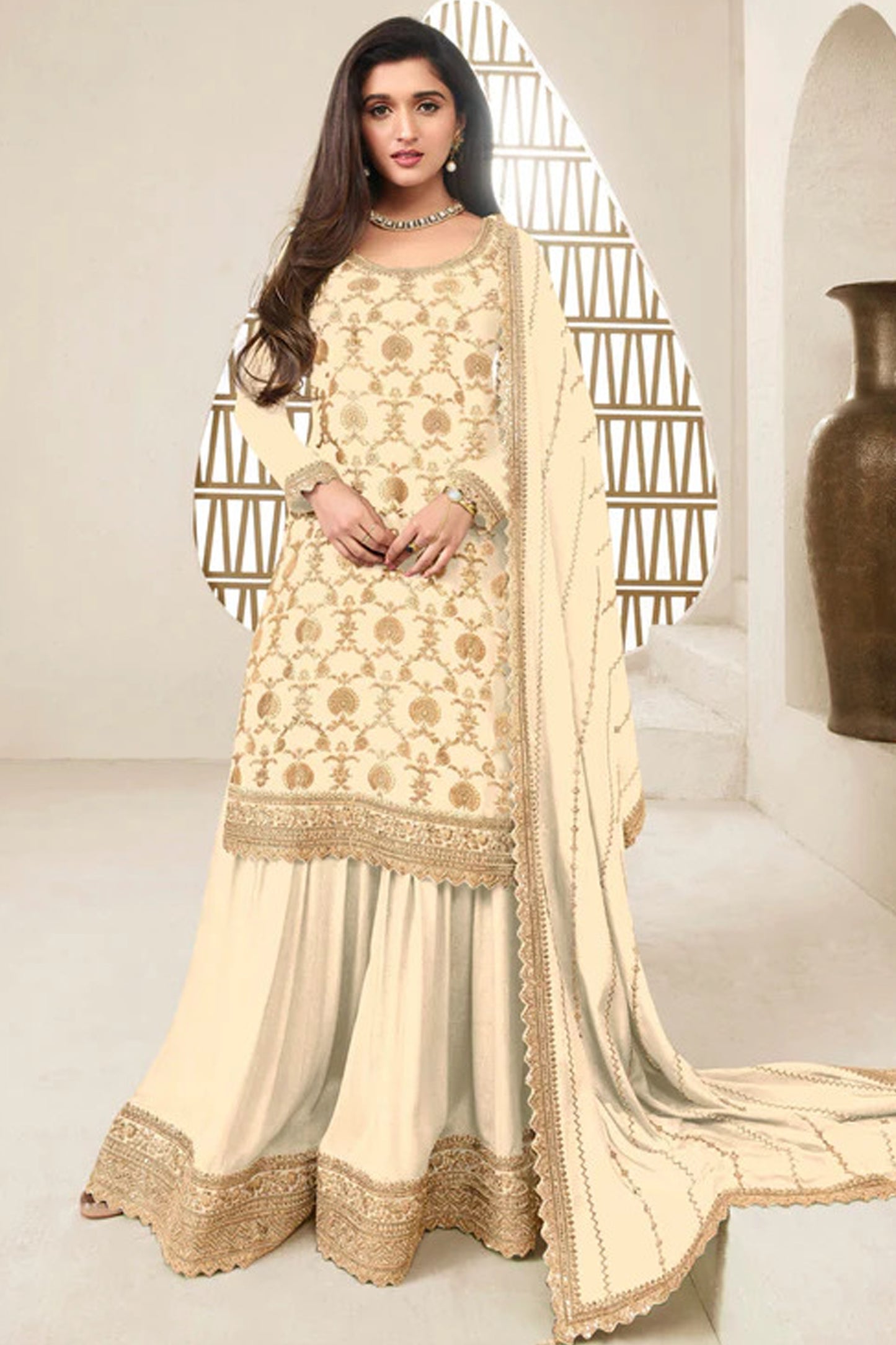 Pakistani Trendy Designer Chinon & Jacquard Embroidery Work Shalwar Kameez Plazzo Suit