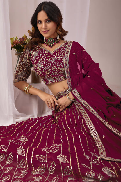 Sequin work detail on the burgundy red lehenga choli outfit