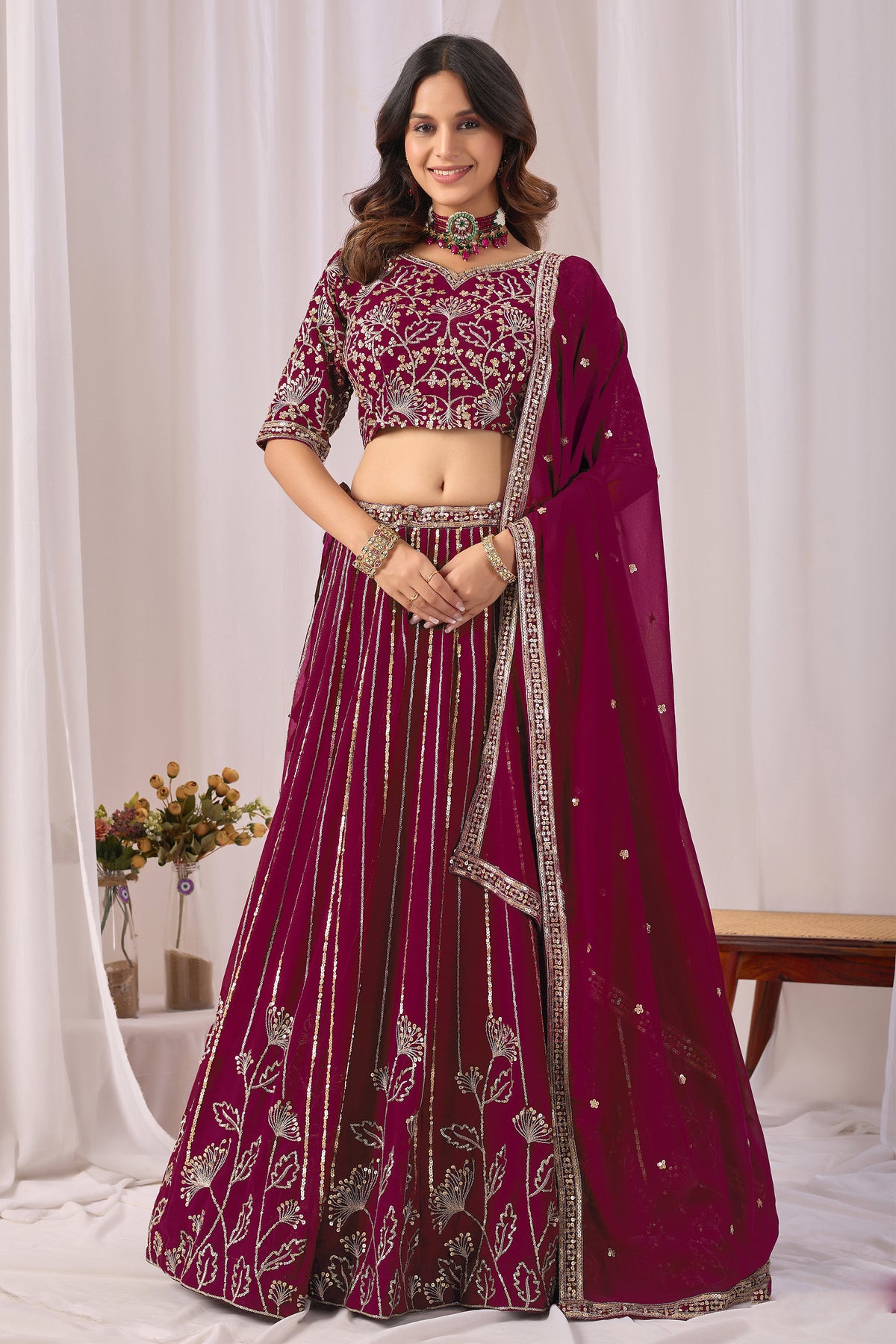 Burgundy red anniversary wear lehenga choli outfit front view