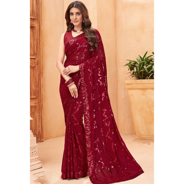 Maroon Color Georgette Party Style Sequins Work Saree With Stylish Blouse
