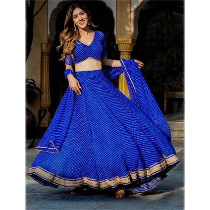 Indian Designer Blue Color Ready To Wear Laheriya Print Work Lehenga Choli