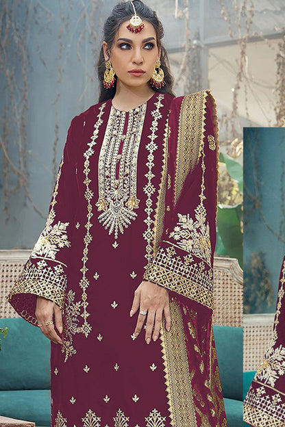 Newest Wedding Style Wine Color Ready To Wear Salwar Kameez With Dupatta