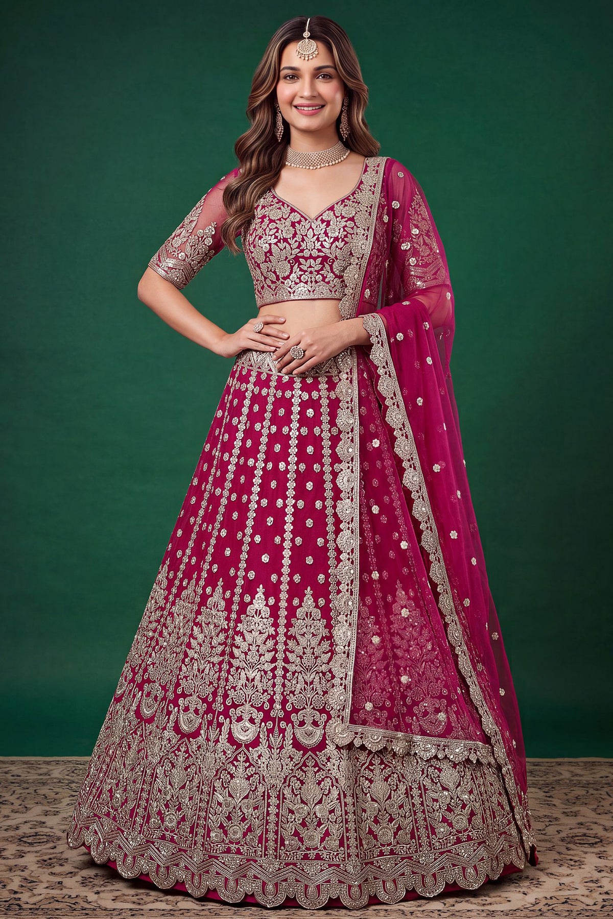 Pink lehenga choli front view with embroidered blouse and dupatta