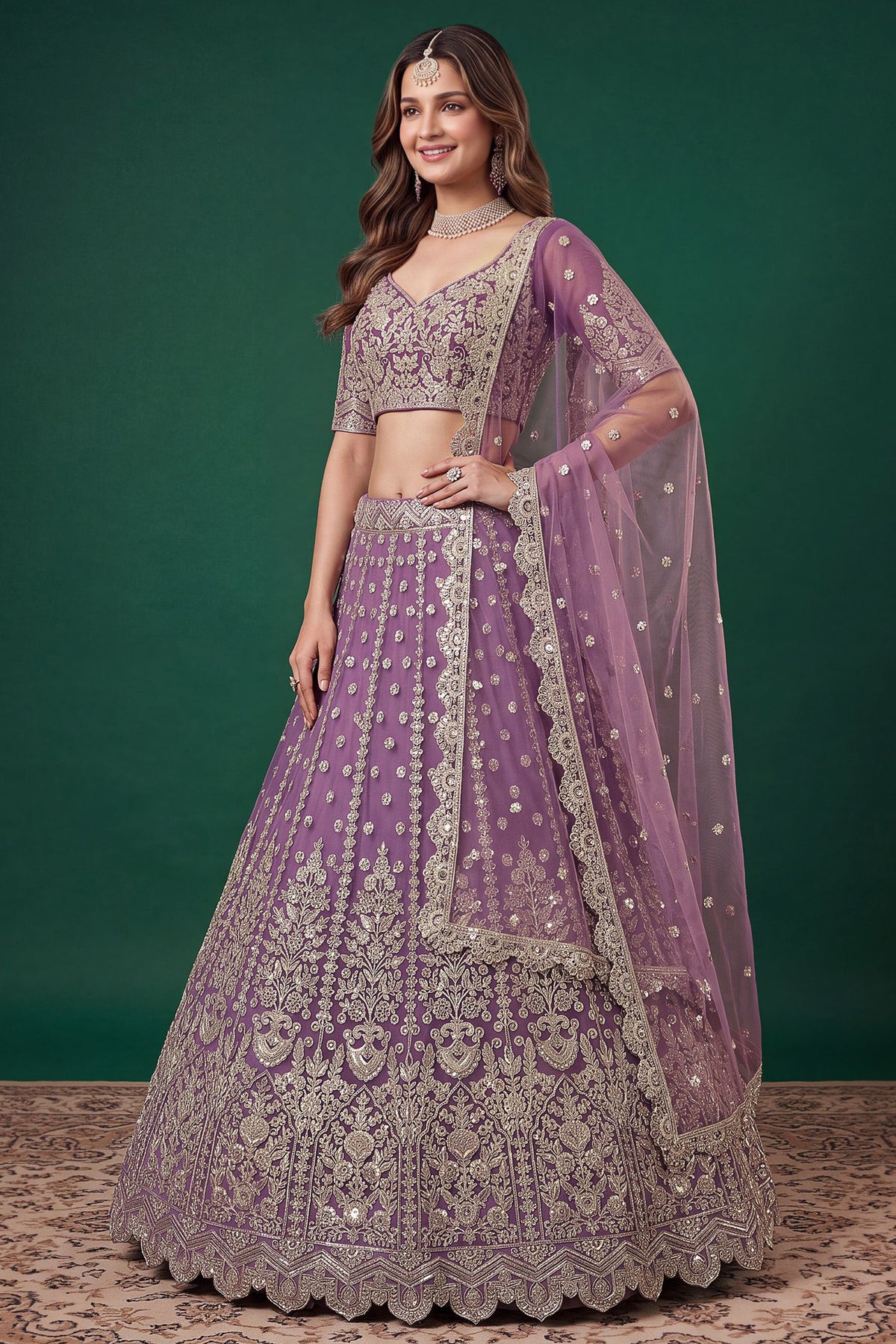 Designer lehenga purple embroidery close-up with zari work