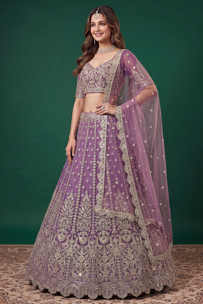Designer lehenga purple embroidery close-up with zari work