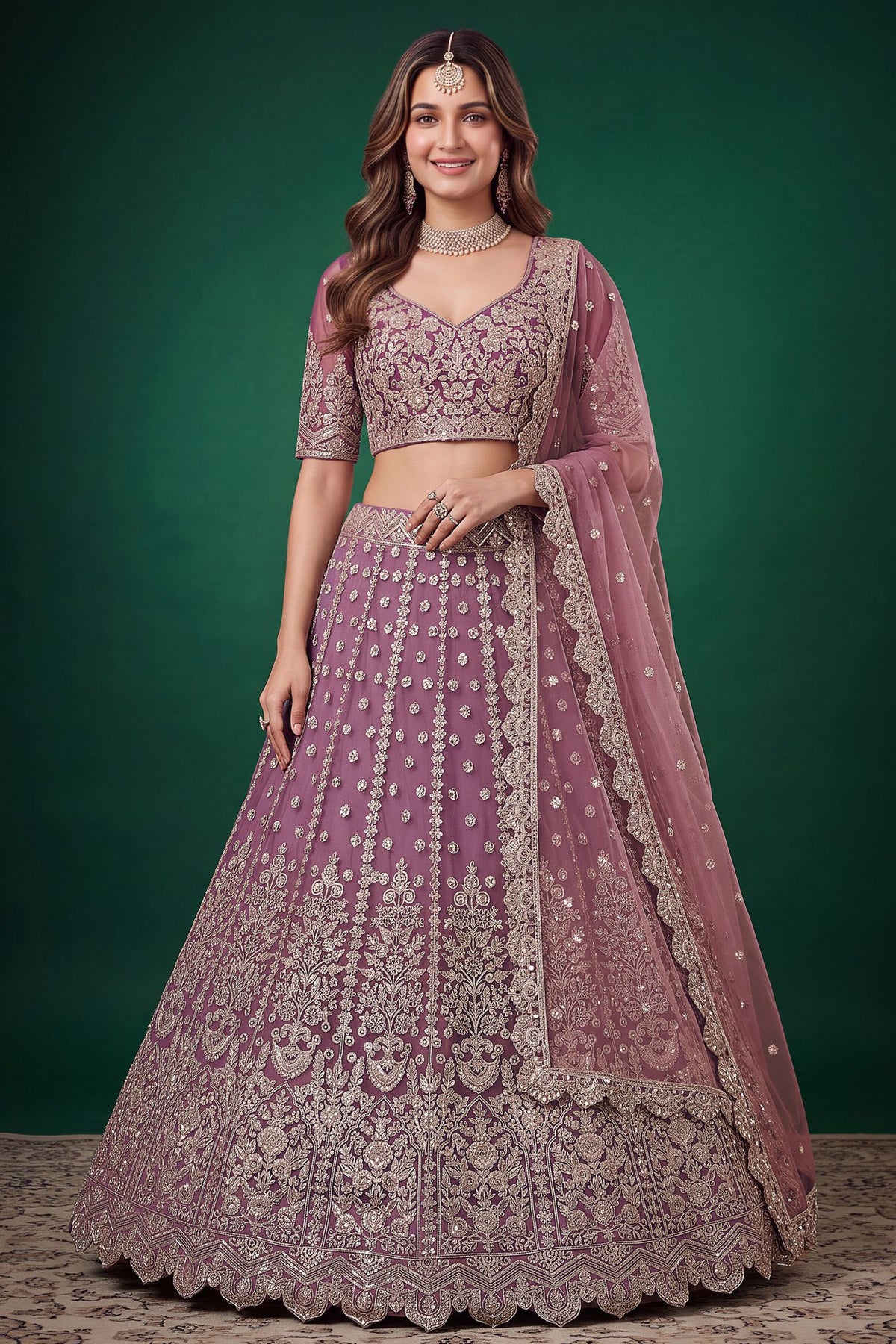 Purple lehenga choli front view with embroidered blouse and dupatta