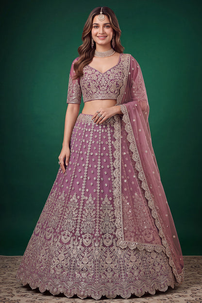 Purple lehenga choli front view with embroidered blouse and dupatta
