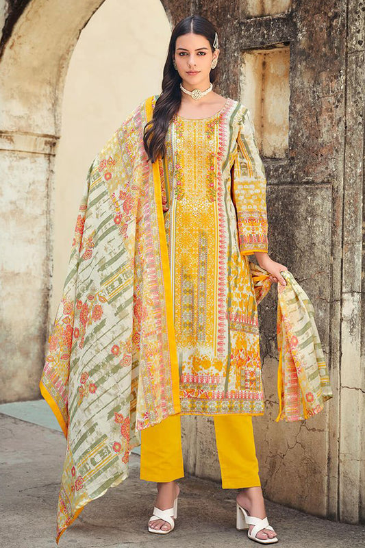 Stylish Designer Pure Cotton Fabric Embroidery Work Mal Mal Print Salwar Kameez Plazzo Pant Suit