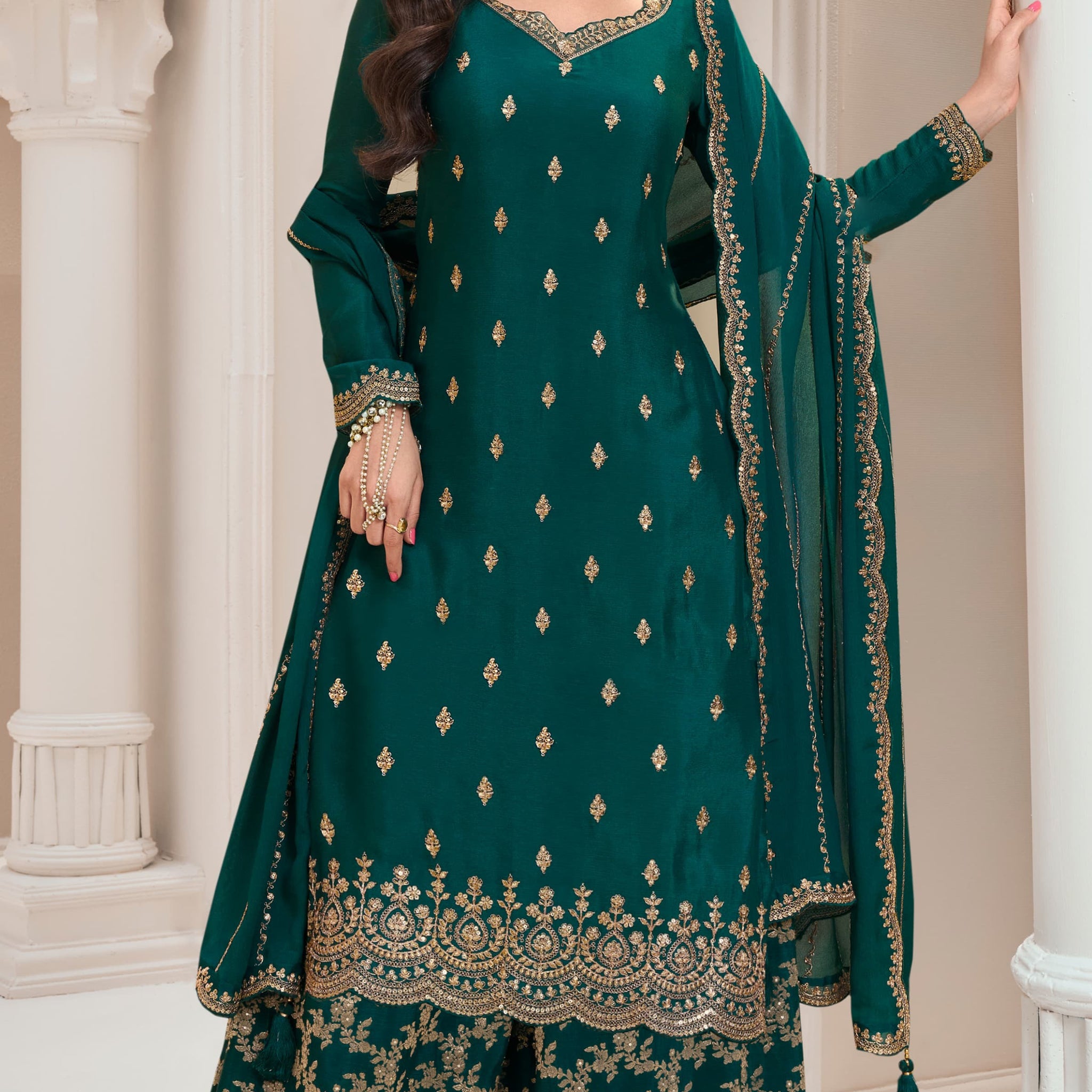 Attractive New Designer Embroidery Chinon Fabric Salwar Kameez Plazzo Suit