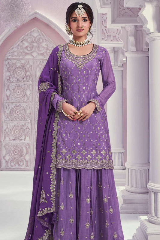 Traditional Designer Chinon With Embroidery Work Salwar Kameez Sharara Suit