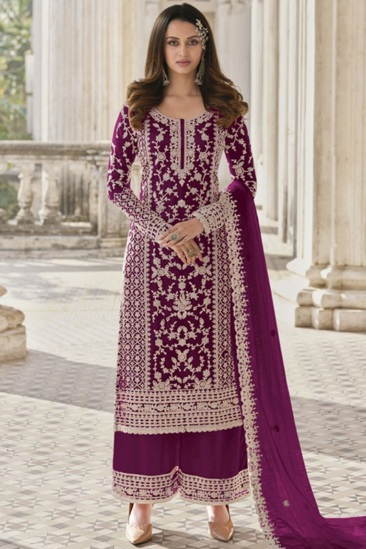 Nikah Wear Wine Color Salwar Kameez Suits Butterfly Net Plazzo Suits