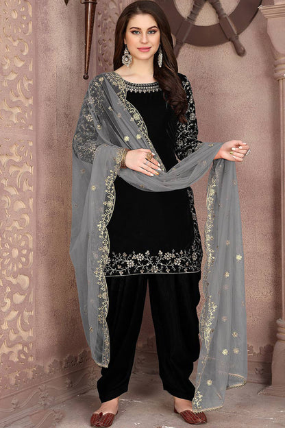 Designer Velvet Punjabi Patiyala Dhoti Black Color Dress