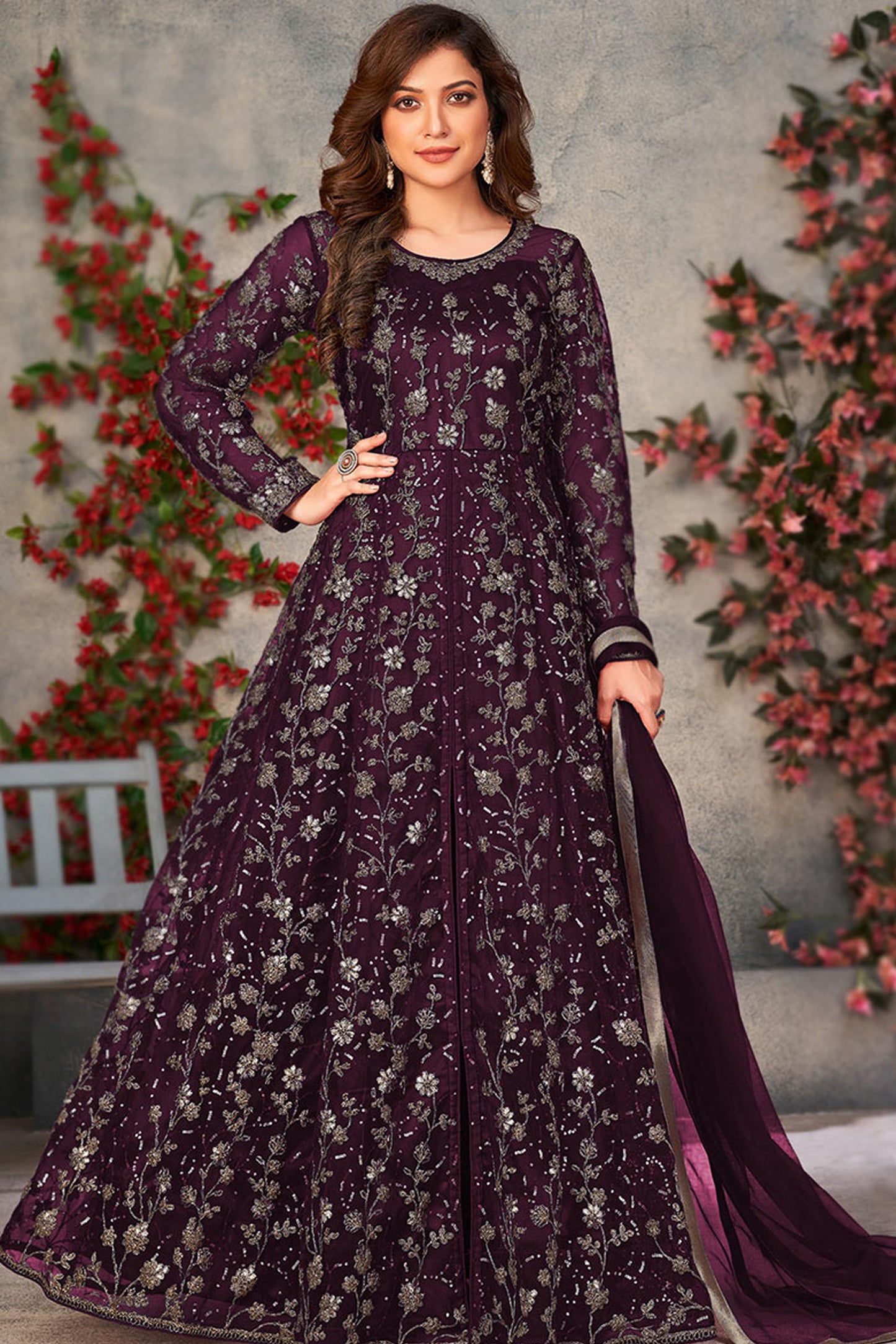 Back & Front Side Embroidery Worked Slit Anarkali Flared Gown