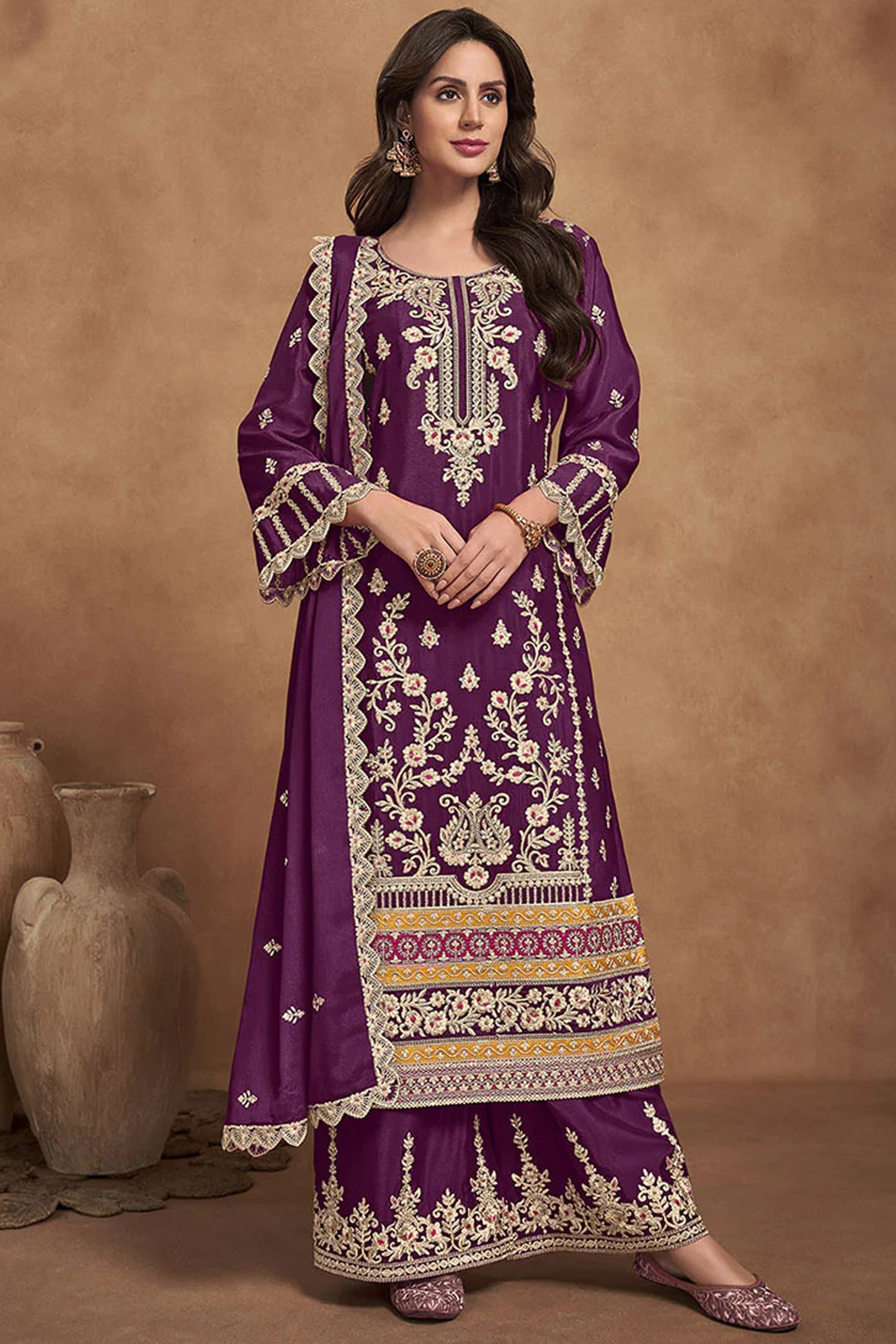 Stunning Designer Heavy Embroidery Work Chinon Fabric Salwar Kameez Plazzo Suit