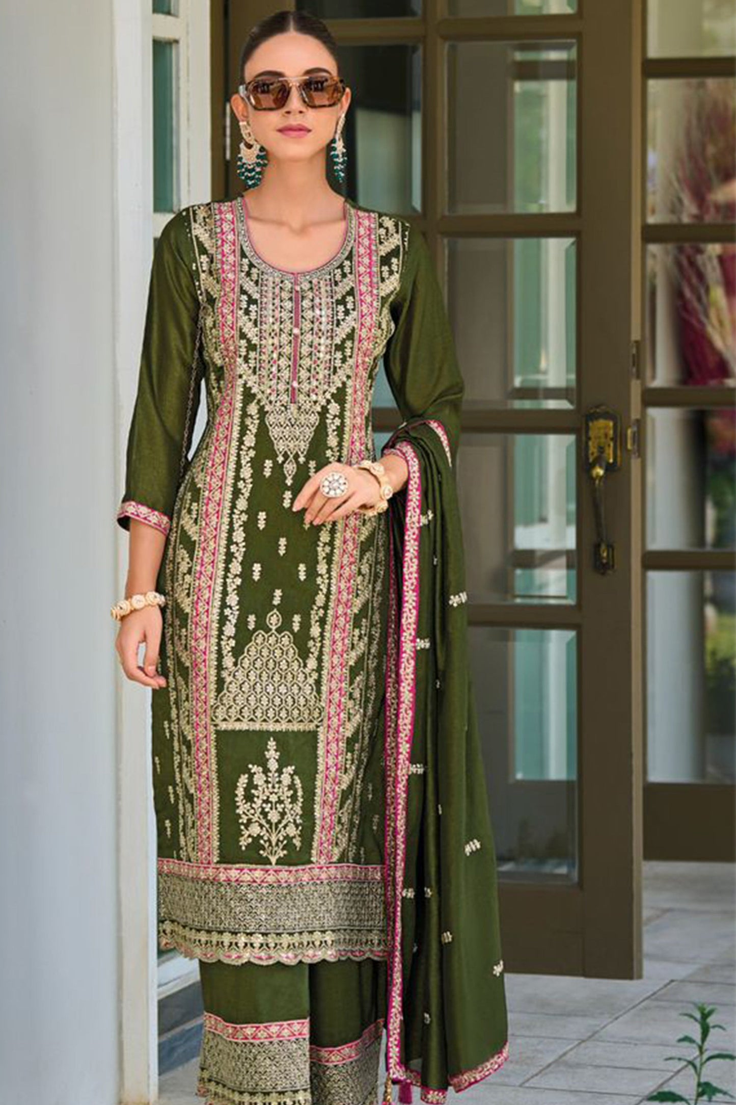 Wedding Party Wear Salwar Kameez Palazzo Suit Mehendi Function Wear Green Color Designer Suits