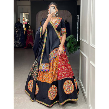 Designer Multi-Color Digital Printed Mirror Work Navratri Wear Lehenga Choli With Black Color Cotton Dupatta