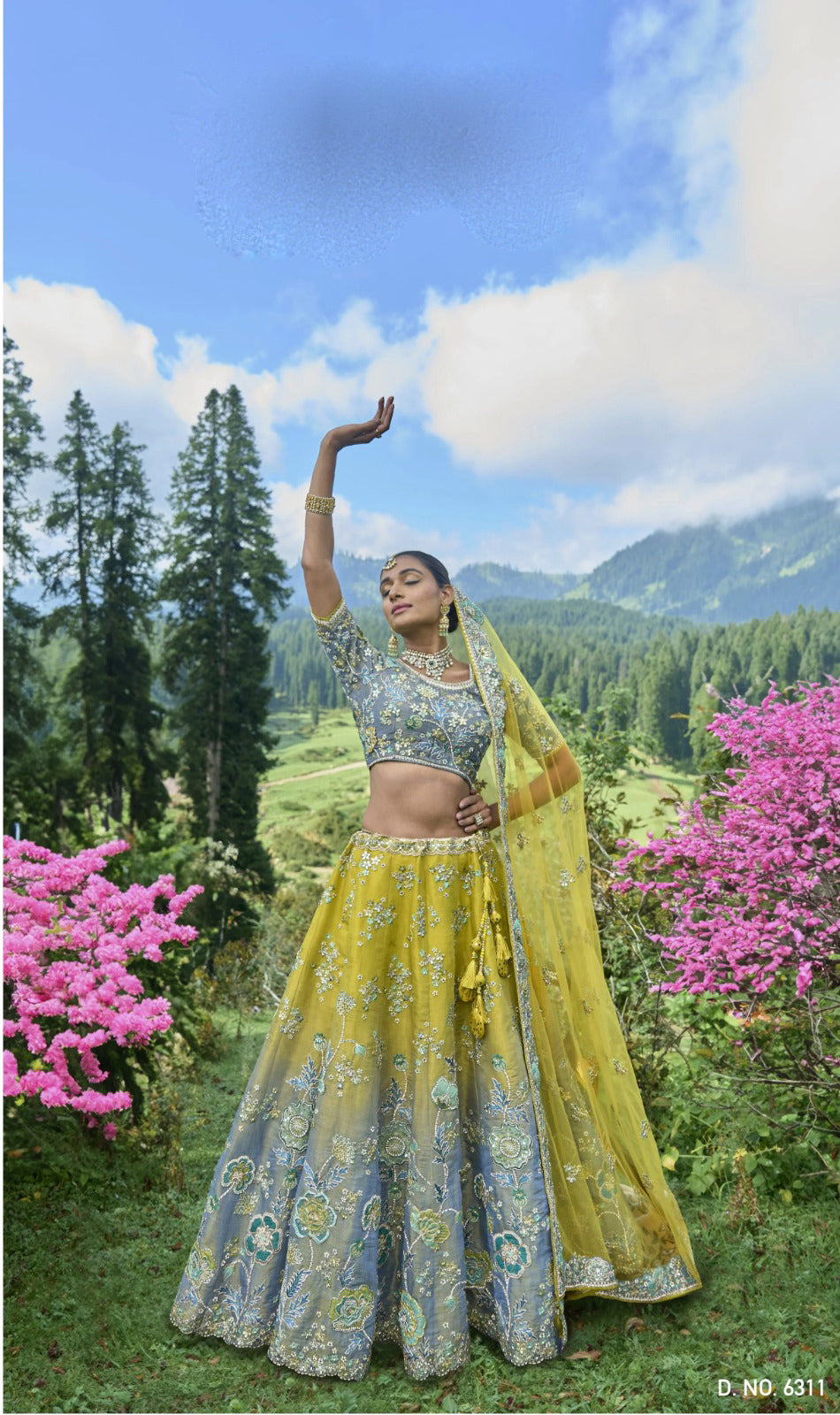 Charming Grey Lemon Color Tissue Zari Fabric Engagement Wear Designer Lehenga Choli