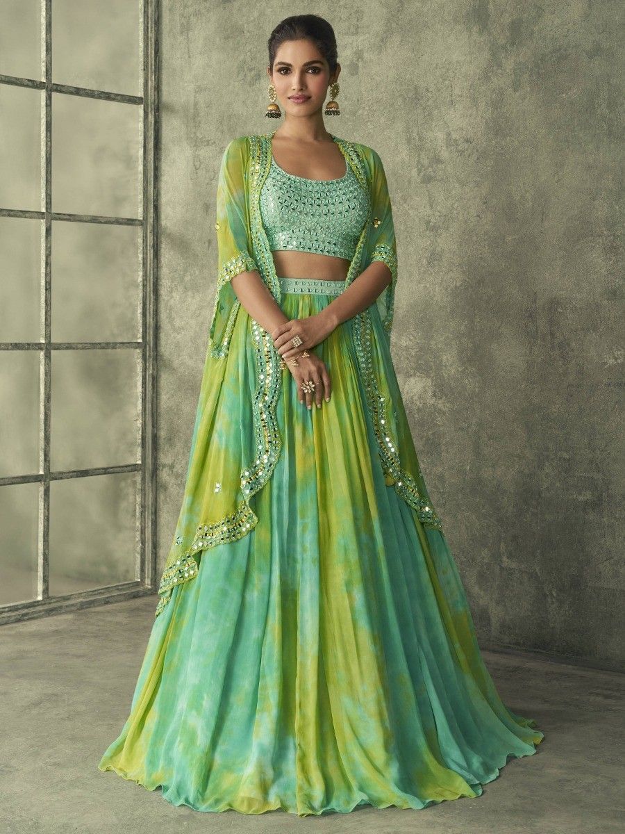 Beautiful Green Color Mirror Work Georgette Fabric Designer Stitched Lehenga Choli