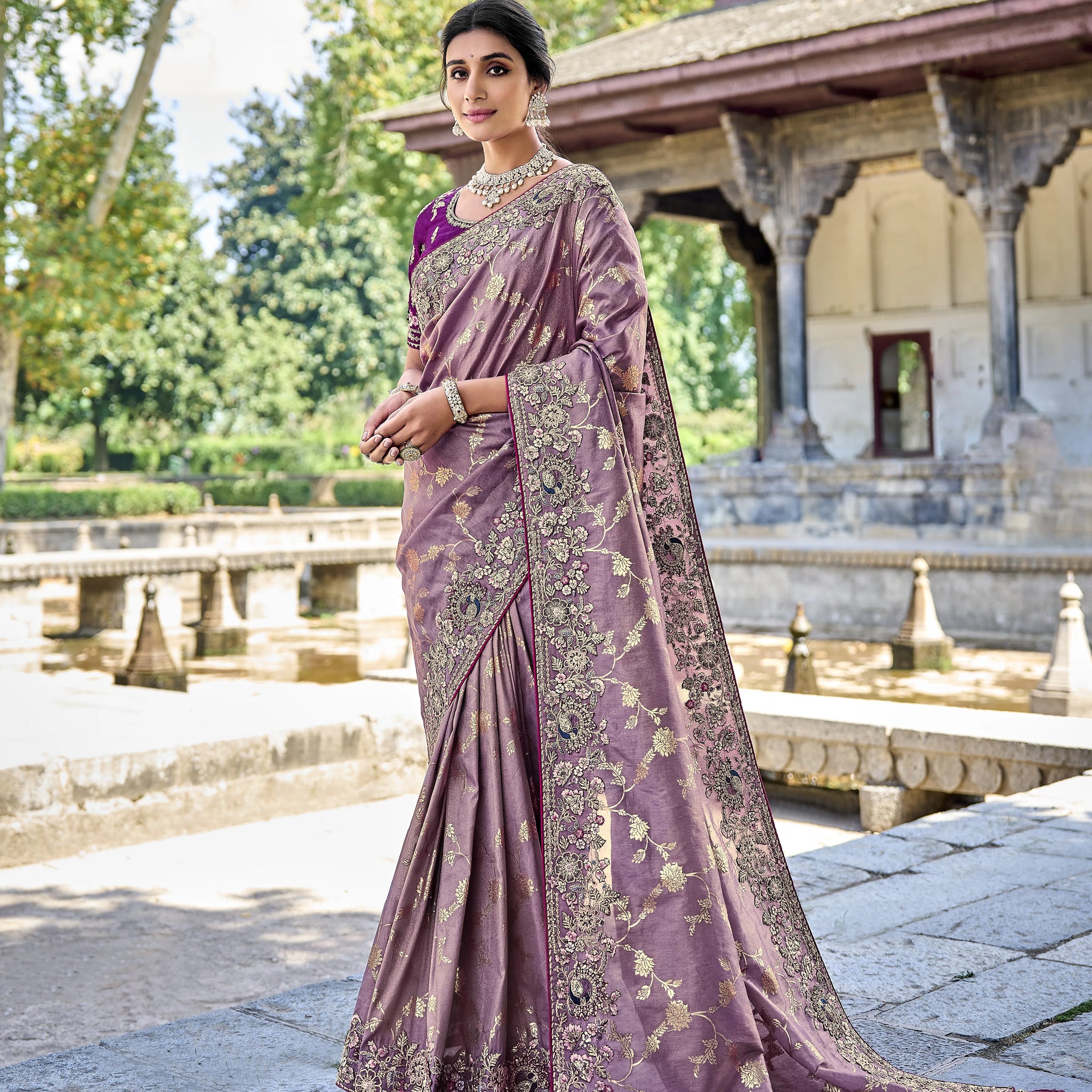 Indian Bollywood Designer Purple Color Embroidery Work Festival Wear Saree