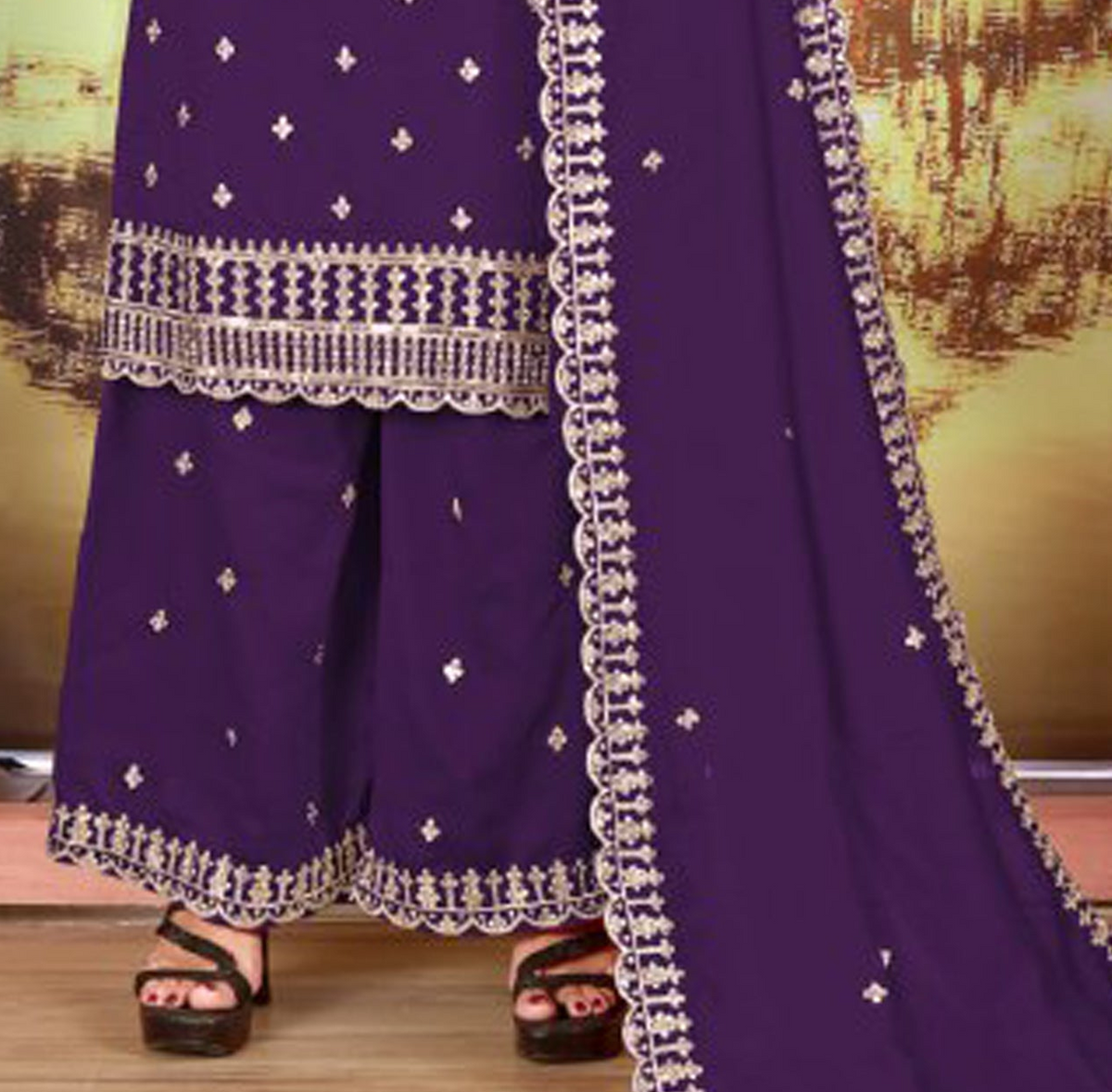 Fancy Blooming Vichitra fabric close-up