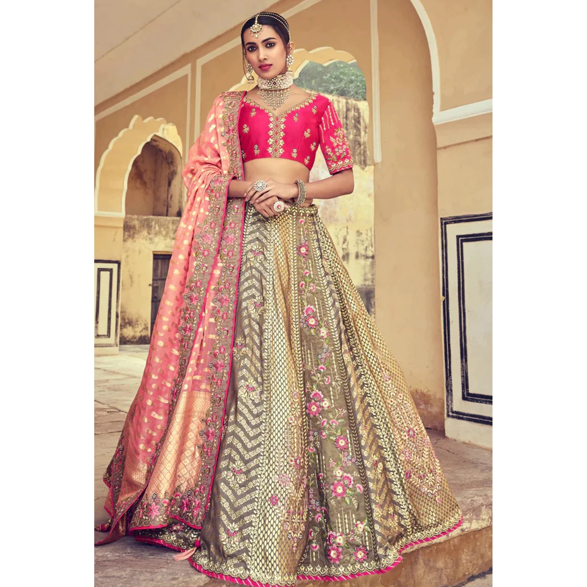 Multi Color Golden Designer Grey Silk Woven Work Bridesmaid Lehenga Choli With Silk Dupatta