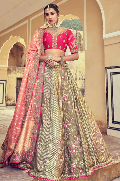 Multi Color Golden Designer Grey Silk Woven Work Bridesmaid Lehenga Choli With Silk Dupatta