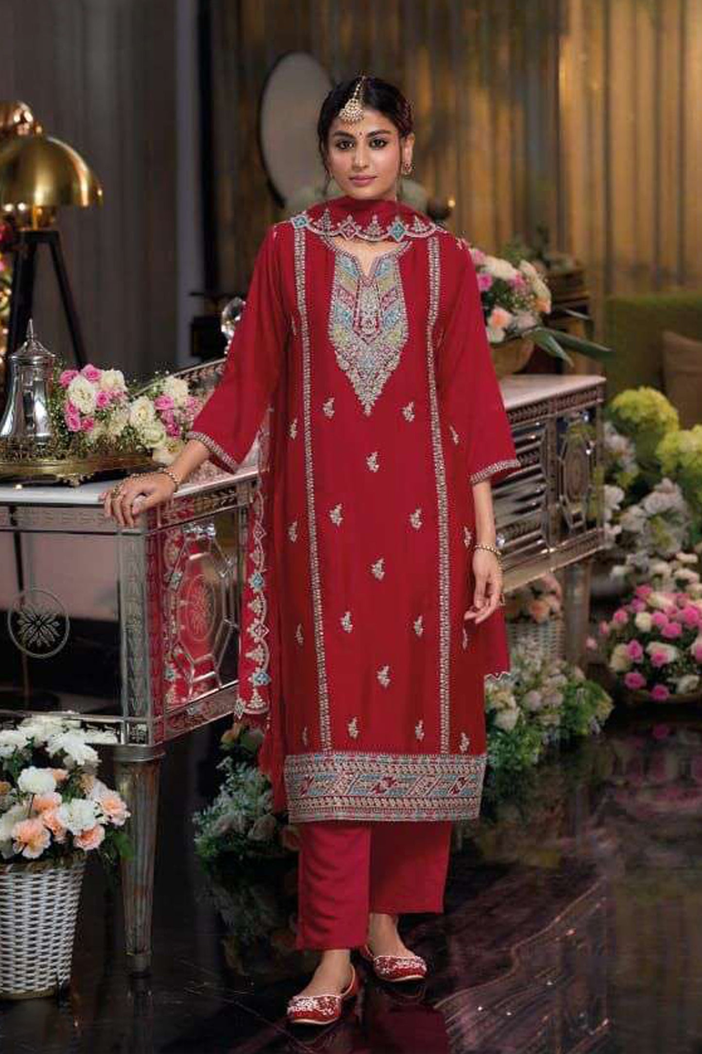 Pakistani Nikah Wear Chinon With Embroidery Work Heavy Silk Salwar Kameez Pant Suits