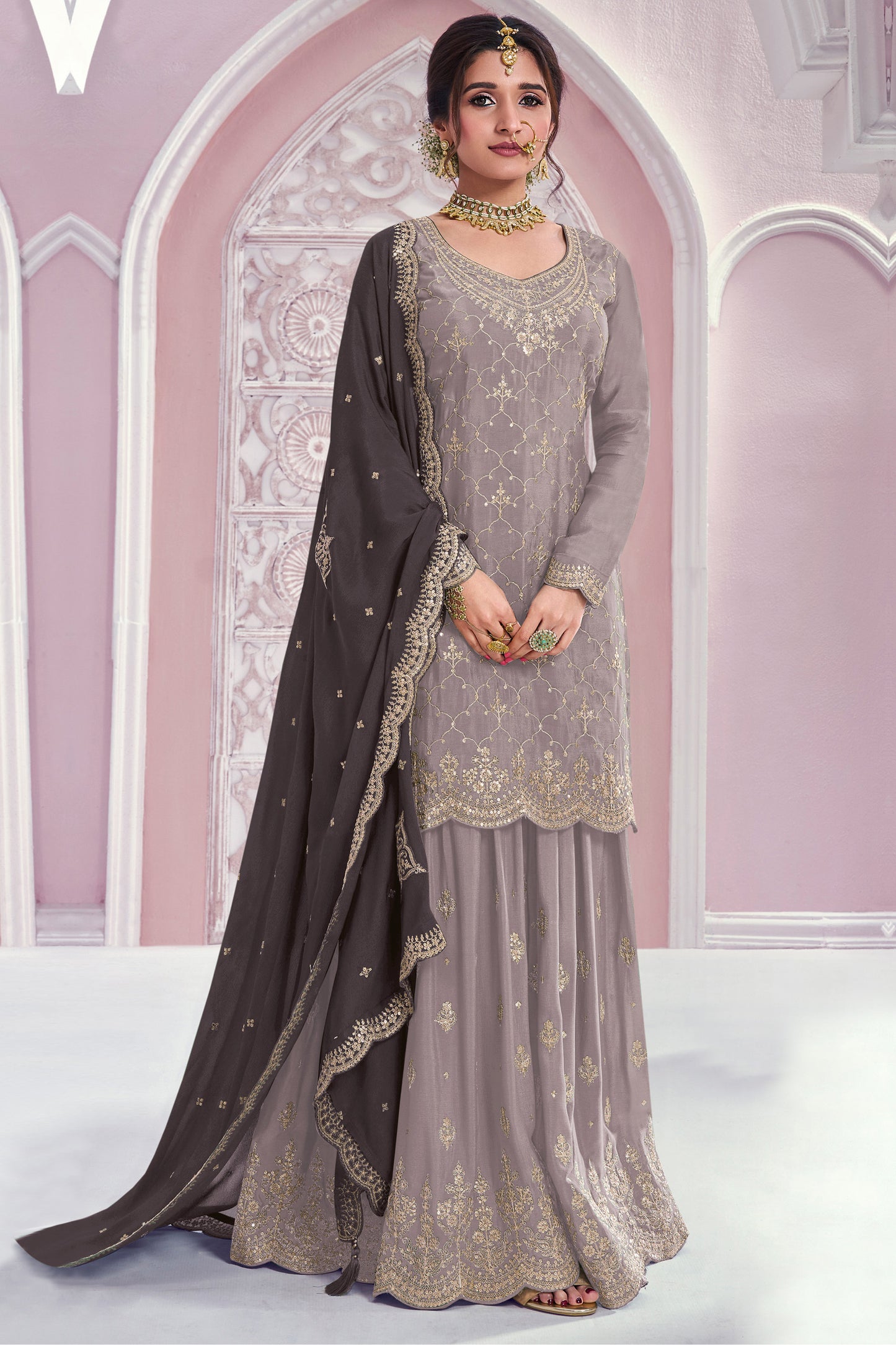 Gray Chinon kameez with embroidery and sequin detail
