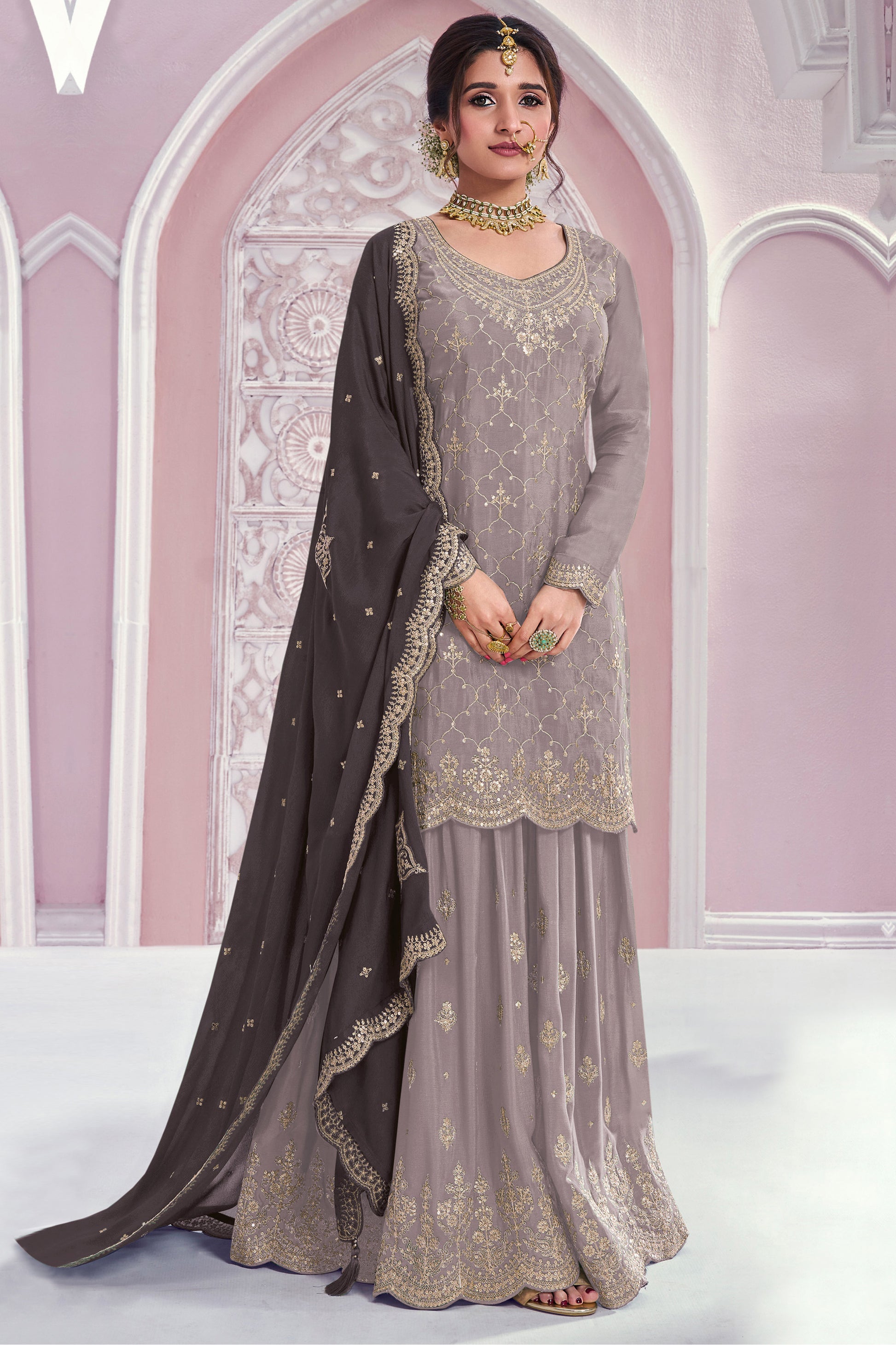 Gray Chinon kameez with embroidery and sequin detail