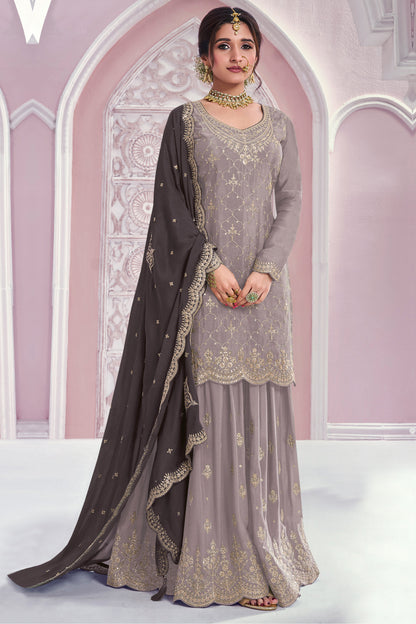 Gray Chinon kameez with embroidery and sequin detail