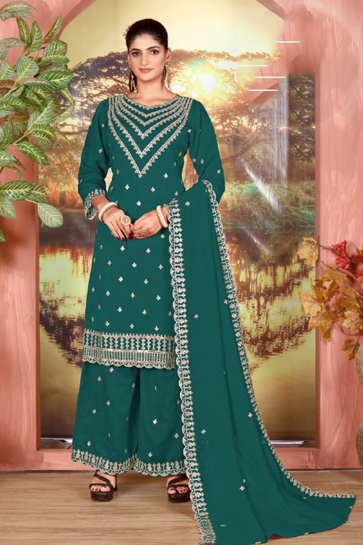 Green plazzo dress front view with sequence embroidery